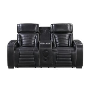 8344BLK-2PWHM Power Double Reclining Love Seat with Center Console, Power Headrests, Storage Arms(Top and Side) ,Cup Holders, Wireless speakers with Sub-Woofer, Air Massage, Heat, LED Lighting and Charging Ports