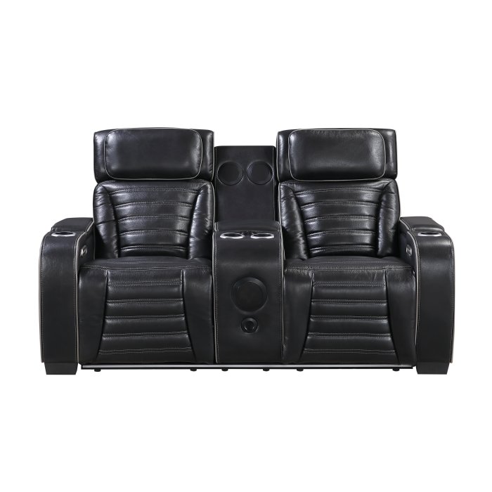 8344BLK-2PWHM Power Double Reclining Love Seat with Center Console, Power Headrests, Storage Arms(Top and Side) ,Cup Holders, Wireless speakers with Sub-Woofer, Air Massage, Heat, LED Lighting and Charging Ports
