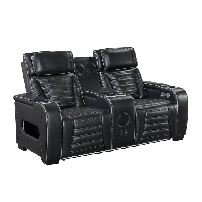 Second image of 8344BLK-2PWHM Power Double Reclining Love Seat with Center Console, Power Headrests, Storage Arms(Top and Side) ,Cup Holders, Wireless speakers with Sub-Woofer, Air Massage, Heat, LED Lighting and Charging Ports