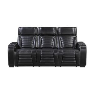 8344BLK-3PWHM Power Double Reclining Sofa with Center Drop-Down Cup Holders, Power Headrests,? Storage Arms(Top and Side) ,Cup holders, Reading Lights, Wireless Charger, Air Massage, Heat,? LED Lighting and Charging Ports