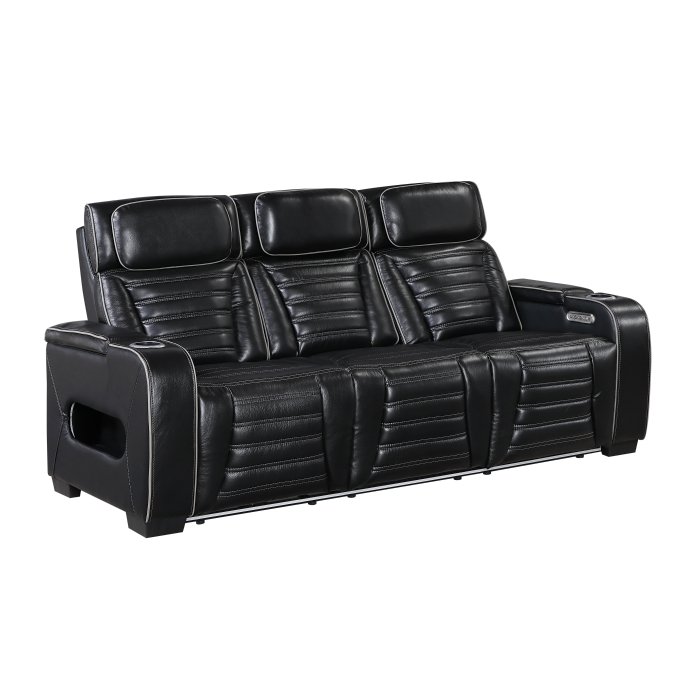 Second image of 8344BLK-3PWHM Power Double Reclining Sofa with Center Drop-Down Cup Holders, Power Headrests,? Storage Arms(Top and Side) ,Cup holders, Reading Lights, Wireless Charger, Air Massage, Heat,? LED Lighting and Charging Ports