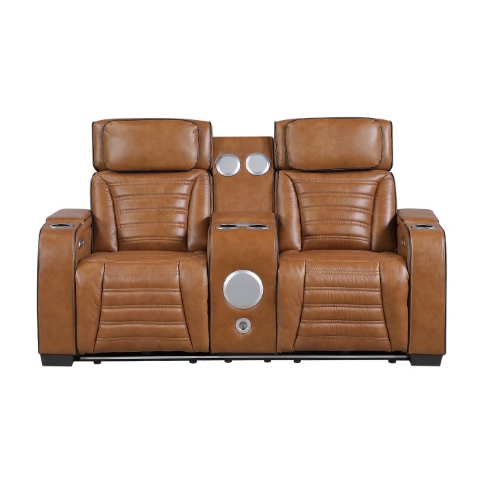 8344BRW-2PWHM Power Double Reclining Love Seat with Center Console, Power Headrests, Storage Arms(Top and Side) ,Cup Holders, Wireless speakers with Sub-Woofer, Air Massage, Heat, LED Lighting and Charging Ports