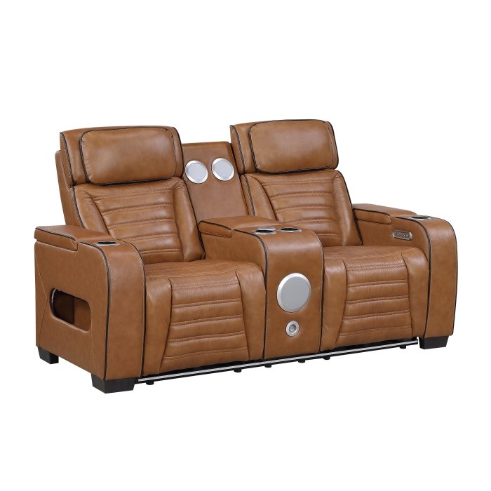 Second image of 8344BRW-2PWHM Power Double Reclining Love Seat with Center Console, Power Headrests, Storage Arms(Top and Side) ,Cup Holders, Wireless speakers with Sub-Woofer, Air Massage, Heat, LED Lighting and Charging Ports