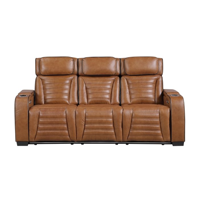 8344BRW-3PWHM Power Double Reclining Sofa with Center Drop-Down Cup Holders, Power Headrests,? Storage Arms(Top and Side) ,Cup holders, Reading Lights, Wireless Charger, Air Massage, Heat,? LED Lighting and Charging Ports