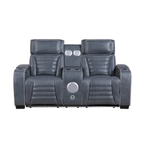 8344BUE-2PWHM Power Double Reclining Love Seat with Center Console, Power Headrests, Storage Arms(Top and Side) ,Cup Holders, Wireless speakers with Sub-Woofer, Air Massage, Heat, LED Lighting and Charging Ports