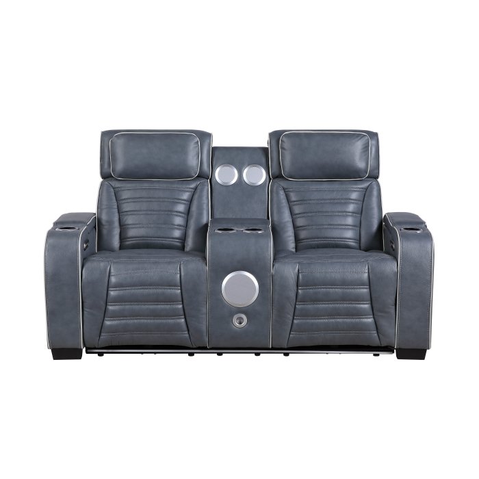 8344BUE-2PWHM Power Double Reclining Love Seat with Center Console, Power Headrests, Storage Arms(Top and Side) ,Cup Holders, Wireless speakers with Sub-Woofer, Air Massage, Heat, LED Lighting and Charging Ports