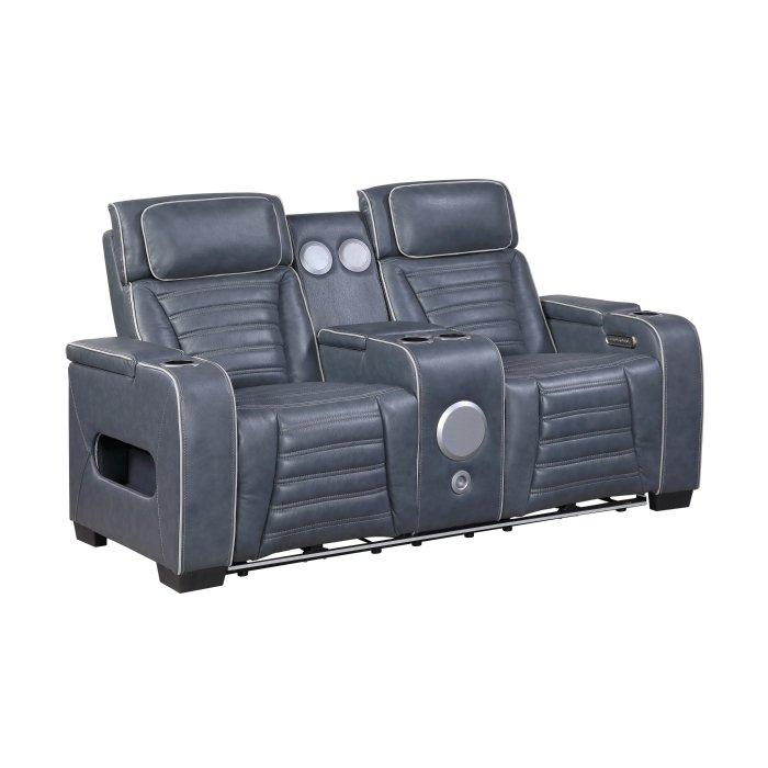 Second image of 8344BUE-2PWHM Power Double Reclining Love Seat with Center Console, Power Headrests, Storage Arms(Top and Side) ,Cup Holders, Wireless speakers with Sub-Woofer, Air Massage, Heat, LED Lighting and Charging Ports