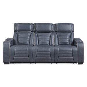 8344BUE-3PWHM Power Double Reclining Sofa with Center Drop-Down Cup Holders, Power Headrests,? Storage Arms(Top and Side) ,Cup holders, Reading Lights, Wireless Charger, Air Massage, Heat,? LED Lighting and Charging Ports
