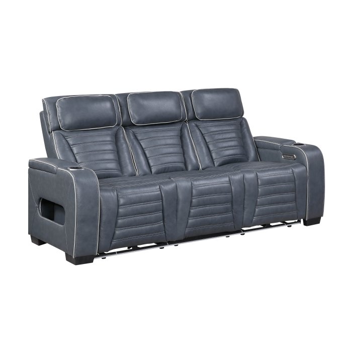 Second image of 8344BUE-3PWHM Power Double Reclining Sofa with Center Drop-Down Cup Holders, Power Headrests,? Storage Arms(Top and Side) ,Cup holders, Reading Lights, Wireless Charger, Air Massage, Heat,? LED Lighting and Charging Ports