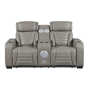 8344GRY-2PWHM Power Double Reclining Love Seat with Center Console, Power Headrests, Storage Arms(Top and Side) ,Cup Holders, Wireless speakers with Sub-Woofer, Air Massage, Heat, LED Lighting and Charging Ports