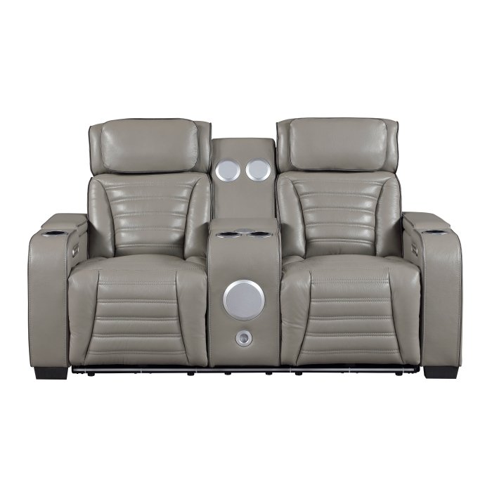 8344GRY-2PWHM Power Double Reclining Love Seat with Center Console, Power Headrests, Storage Arms(Top and Side) ,Cup Holders, Wireless speakers with Sub-Woofer, Air Massage, Heat, LED Lighting and Charging Ports