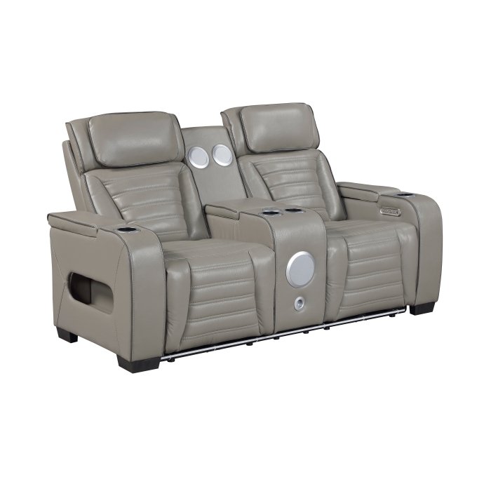 Second image of 8344GRY-2PWHM Power Double Reclining Love Seat with Center Console, Power Headrests, Storage Arms(Top and Side) ,Cup Holders, Wireless speakers with Sub-Woofer, Air Massage, Heat, LED Lighting and Charging Ports