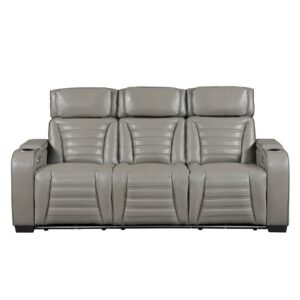 8344GRY-3PWHM Power Double Reclining Sofa with Center Drop-Down Cup Holders, Power Headrests,? Storage Arms(Top and Side) ,Cup holders, Reading Lights, Wireless Charger, Air Massage, Heat,? LED Lighting and Charging Ports
