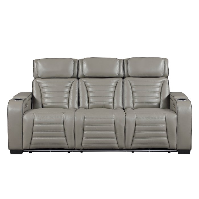 8344GRY-3PWHM Power Double Reclining Sofa with Center Drop-Down Cup Holders, Power Headrests,? Storage Arms(Top and Side) ,Cup holders, Reading Lights, Wireless Charger, Air Massage, Heat,? LED Lighting and Charging Ports