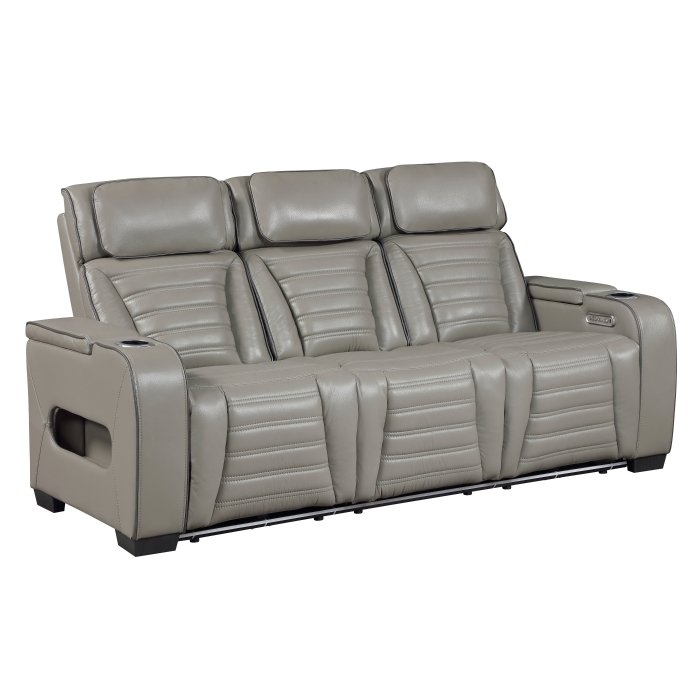 Second image of 8344GRY-3PWHM Power Double Reclining Sofa with Center Drop-Down Cup Holders, Power Headrests,? Storage Arms(Top and Side) ,Cup holders, Reading Lights, Wireless Charger, Air Massage, Heat,? LED Lighting and Charging Ports