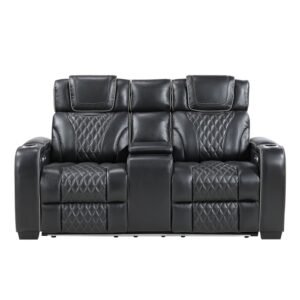 8449BK-2PWHM Power Double Reclining Love Seat with Center Console, Power Headrests, Storage Arms with Cup Holders, Wireless charger,  Air Massage and Heat, LED Lighting and Charging Ports