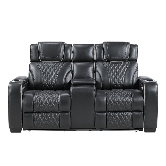 8449BK-2PWHM Power Double Reclining Love Seat with Center Console, Power Headrests, Storage Arms with Cup Holders, Wireless charger,  Air Massage and Heat, LED Lighting and Charging Ports