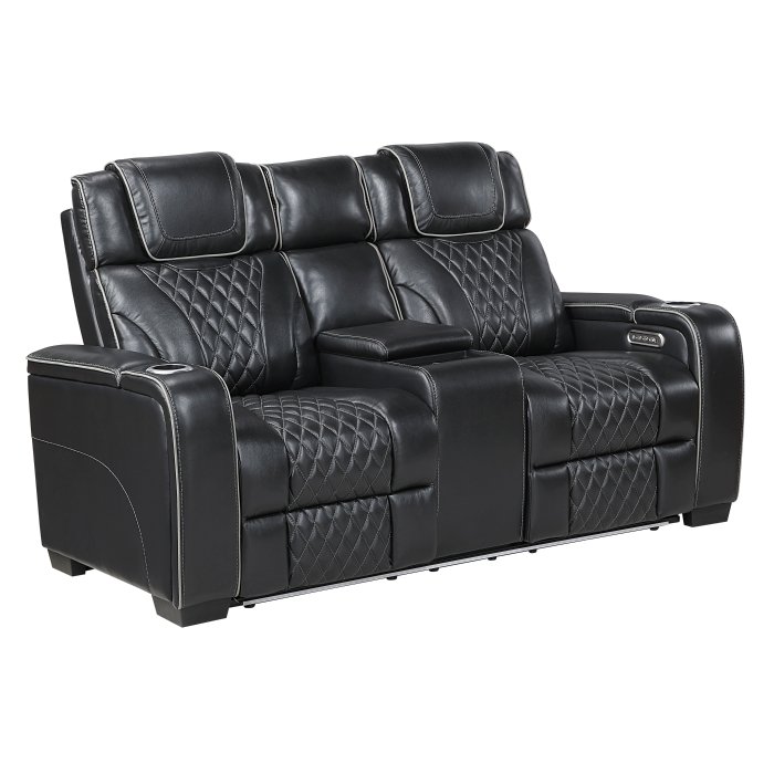 Second image of 8449BK-2PWHM Power Double Reclining Love Seat with Center Console, Power Headrests, Storage Arms with Cup Holders, Wireless charger,  Air Massage and Heat, LED Lighting and Charging Ports