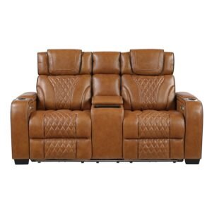 8449BR-2PWHM Power Double Reclining Love Seat with Center Console, Power Headrests, Storage Arms with Cup Holders, Wireless charger,  Air Massage and Heat, LED Lighting and Charging Ports
