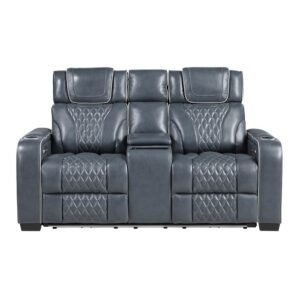 8449BU-2PWHM Power Double Reclining Love Seat with Center Console, Power Headrests, Storage Arms with Cup Holders, Wireless charger,  Air Massage and Heat, LED Lighting and Charging Ports