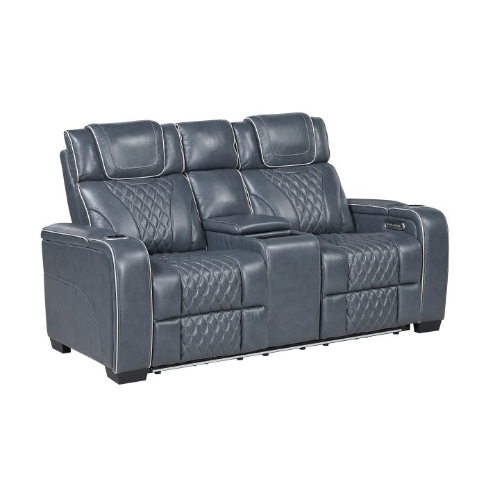 Second image of 8449BU-2PWHM Power Double Reclining Love Seat with Center Console, Power Headrests, Storage Arms with Cup Holders, Wireless charger,  Air Massage and Heat, LED Lighting and Charging Ports