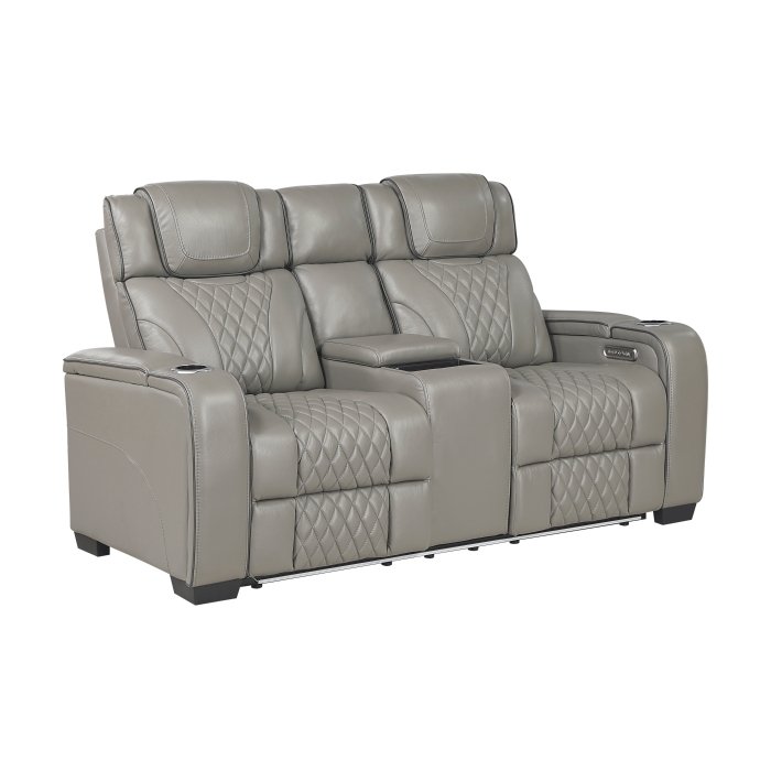 Second image of 8449GY-2PWHM Power Double Reclining Love Seat with Center Console, Power Headrests, Storage Arms with Cup Holders, Wireless charger,  Air Massage and Heat, LED Lighting and Charging Ports