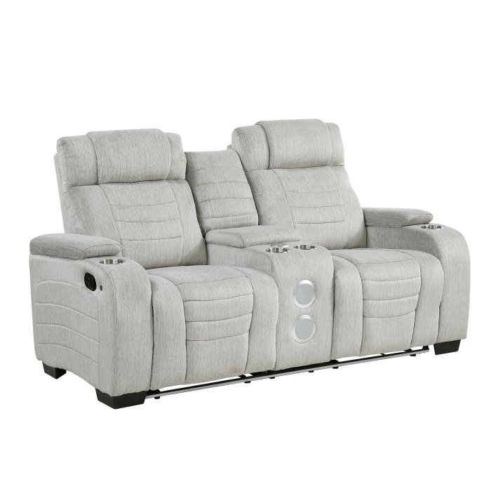 Second image of 8455GRY-2 Double Reclining Love Seat with Center Console, Wireless Speakers, Storage Arms, Cup holders and LED