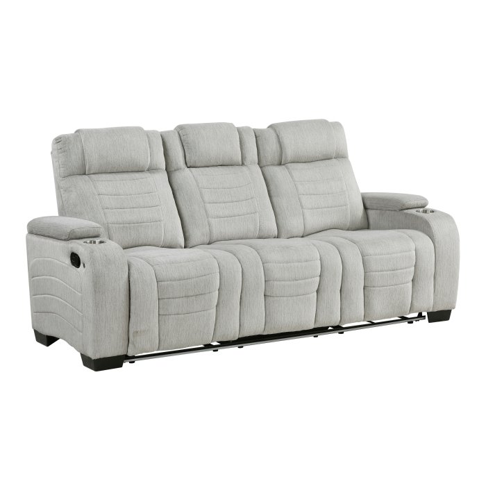 Second image of 8455GRY-3 Double Reclining Sofa with Center Drop-Down Cup Holders, Storage Arms, Cup Holders, Reading Lights, Magazine Bag, Receptacles, Charging Ports and LED