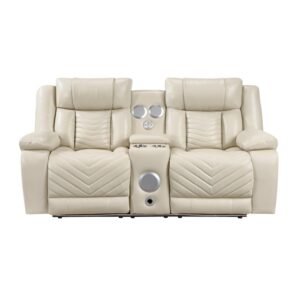 8457BEG-2PW Power Double Reclining Love Seat with Center Console, Wireless Speakers, LED and Charging Ports