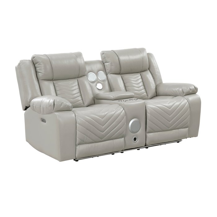 Second image of 8457GRY-2PW Power Double Reclining Love Seat with Center Console, Wireless Speakers, LED and Charging Ports