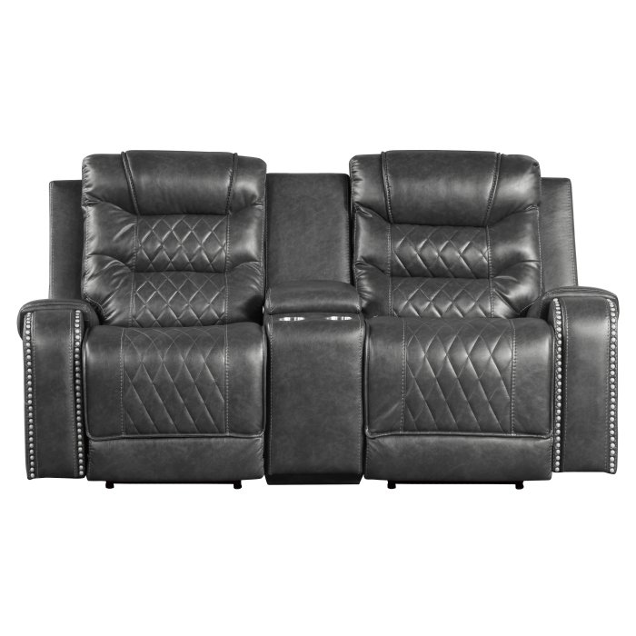 9405GY-2PW Power Double Reclining Love Seat with Center Console, Receptacles and USB Ports