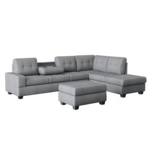 9507DGY*3OT 3-Piece Reversible Sectional with Drop-Down Cup Holders and Storage Ottoman