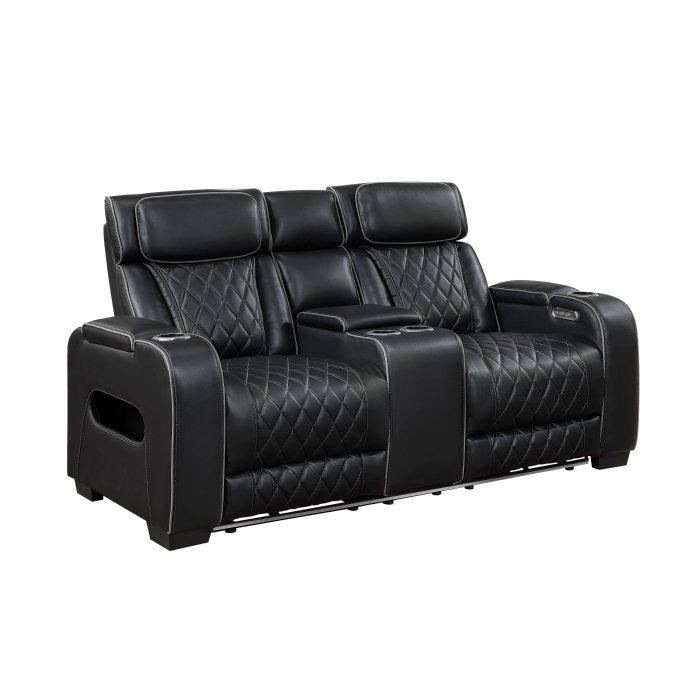 Second image of 9516BLK-2PWH Power Double Reclining Love Seat with Center Console, Power Headrests, Storage Arms(Top and Side), Cup holders, Charging Ports and LED lighting