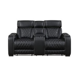 9516BLK-2PWH Power Double Reclining Love Seat with Center Console, Power Headrests, Storage Arms(Top and Side), Cup holders, Charging Ports and LED lighting