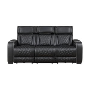 9516BLK-3PWH Power Double Reclining Sofa with Center Drop-Down Cup Holders, Power Headrests, Storage Arms(Top and Side), Cup holders and Reading Lights, Two Wireless Chargers, Charging Ports and LED Lighting
