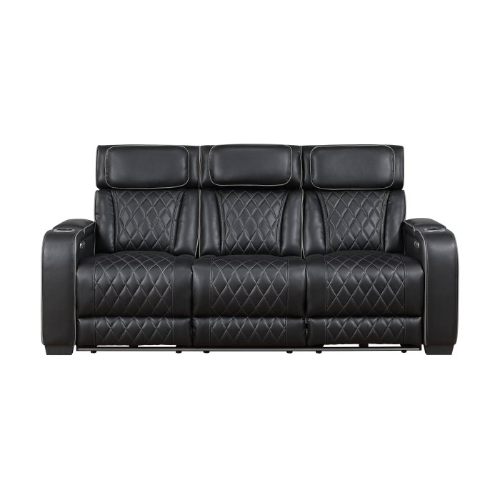 9516BLK-3PWH Power Double Reclining Sofa with Center Drop-Down Cup Holders, Power Headrests, Storage Arms(Top and Side), Cup holders and Reading Lights, Two Wireless Chargers, Charging Ports and LED Lighting