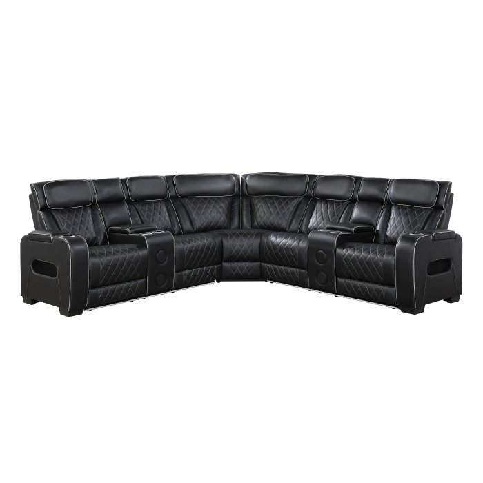9516BLKS*32LCN2RCNPWH 3-Piece Power Reclining Sectional with Consoles, Power Headrests, Storage Arms(Top and Side), Cup holders, Charging Ports, Wireless speakers and LED lighting