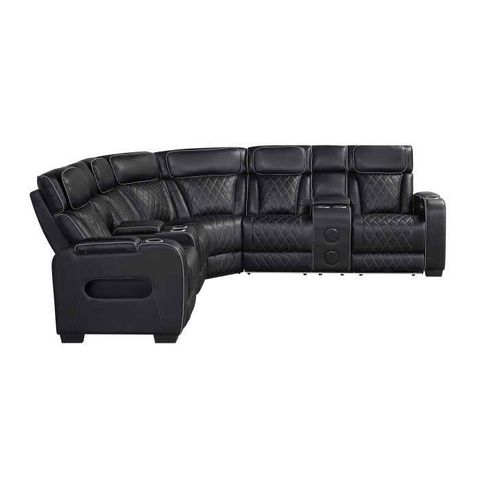 Second image of 9516BLKS*32LCN2RCNPWH 3-Piece Power Reclining Sectional with Consoles, Power Headrests, Storage Arms(Top and Side), Cup holders, Charging Ports, Wireless speakers and LED lighting