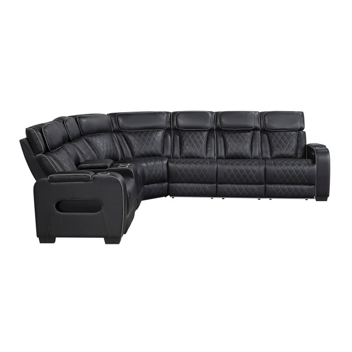 Second image of 9516BLKS*32LCN3RPWH 3-Piece Power Reclining Sectional with Left Side Console, Drop-Down Cup Holders, Power Headrests, Storage Arms(Top and Side), Cup holders, Reading Lights, Charging Ports, Wireless speakers, Two Wireless Chargers, and LED lighting