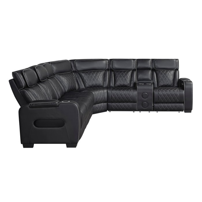 Second image of 9516BLKS*33L2RCNPWH 3-Piece Power Reclining Sectional with Right Side Console, Drop-Down Cup Holders, Power Headrests, Storage Arms(Top and Side), Cup holders, Reading Lights, Charging Ports, Wireless speakers, Two Wireless Chargers, and LED lighting