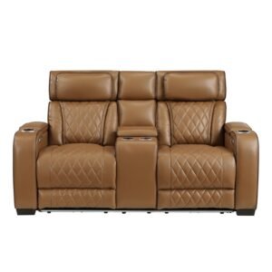 9516BRW-2PWH Power Double Reclining Love Seat with Center Console, Power Headrests, Storage Arms(Top and Side), Cup holders, Charging Ports and LED lighting