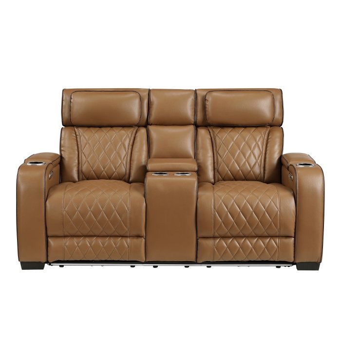 9516BRW-2PWH Power Double Reclining Love Seat with Center Console, Power Headrests, Storage Arms(Top and Side), Cup holders, Charging Ports and LED lighting