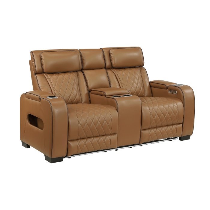 Second image of 9516BRW-2PWH Power Double Reclining Love Seat with Center Console, Power Headrests, Storage Arms(Top and Side), Cup holders, Charging Ports and LED lighting