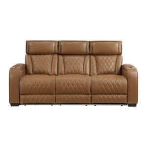 9516BRW-3PWH Power Double Reclining Sofa with Center Drop-Down Cup Holders, Power Headrests, Storage Arms(Top and Side), Cup holders and Reading Lights, Two Wireless Chargers, Charging Ports and LED Lighting