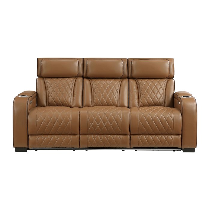 9516BRW-3PWH Power Double Reclining Sofa with Center Drop-Down Cup Holders, Power Headrests, Storage Arms(Top and Side), Cup holders and Reading Lights, Two Wireless Chargers, Charging Ports and LED Lighting