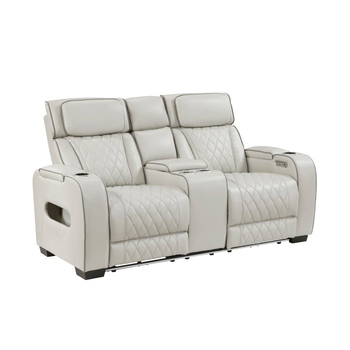 Second image of 9516TPE-2PWH Power Double Reclining Love Seat with Center Console, Power Headrests, Storage Arms(Top and Side), Cup holders, Charging Ports and LED lighting