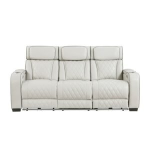 9516TPE-3PWH Power Double Reclining Sofa with Center Drop-Down Cup Holders, Power Headrests, Storage Arms(Top and Side), Cup holders and Reading Lights, Two Wireless Chargers, Charging Ports and LED Lighting