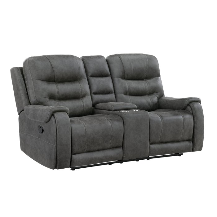 Second image of 9634DGY-2 Double Reclining Love Seat with Center Console