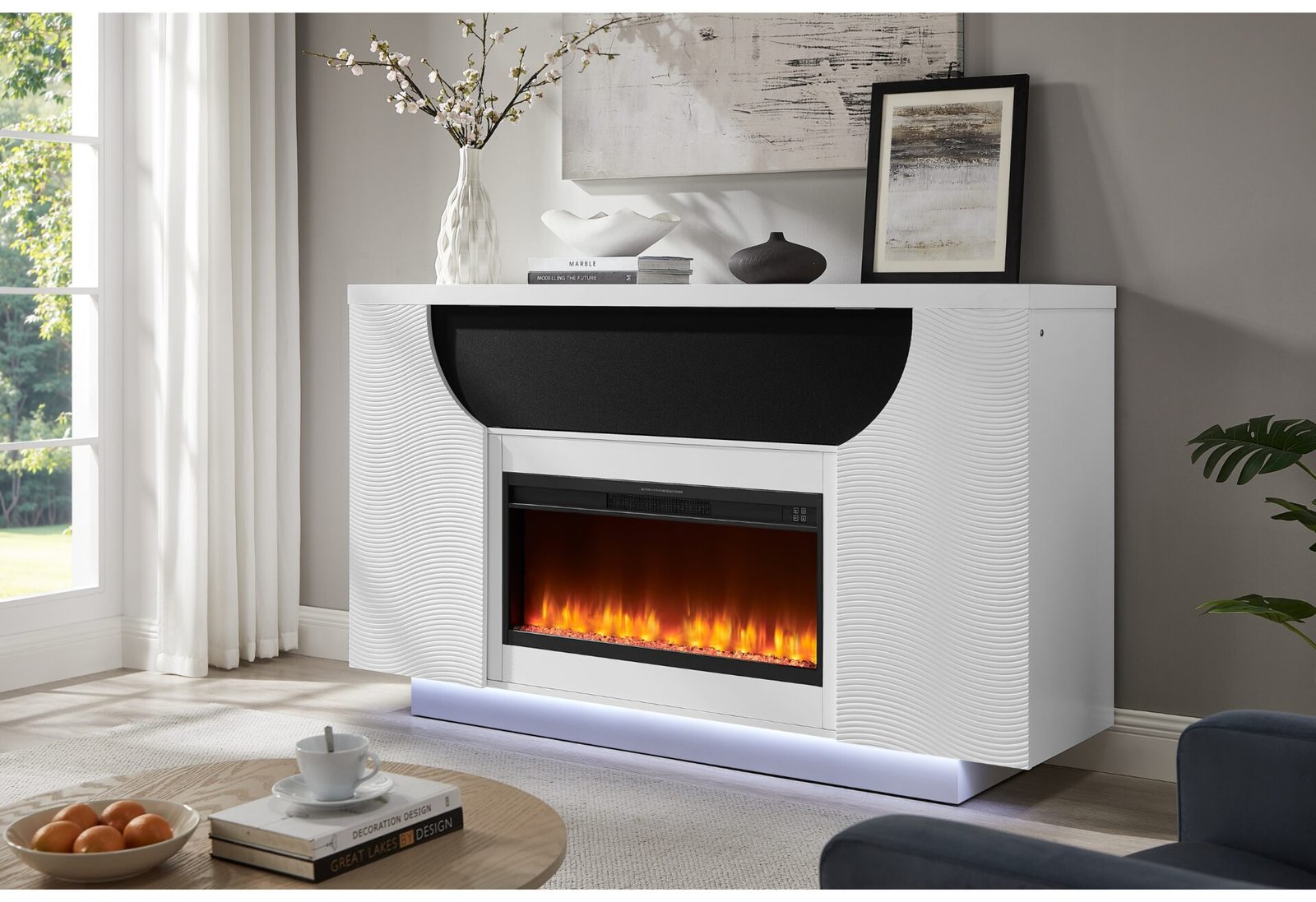 Second image of AVEENA WHITE 76″ ENT UNIT WITH TV, LED, SPEAKERS, CRYSTAL AND POP-UP