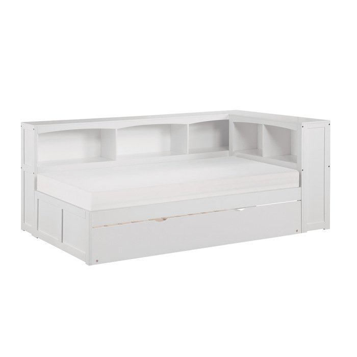 B2053BCW-1BCR* Twin Bookcase Corner Platform Bed with Twin Trundle